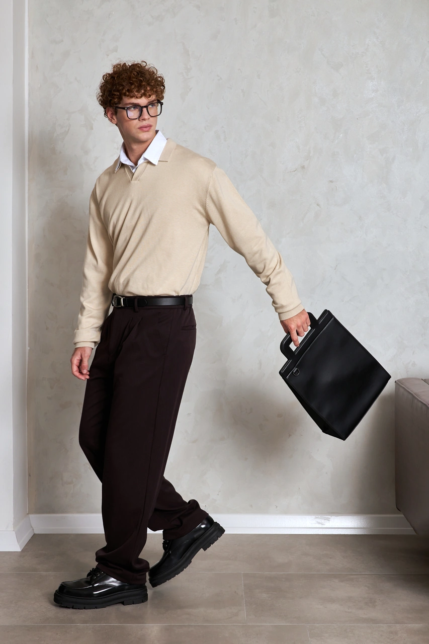 Erkek Pamuklu Polo Yaka Oversize Triko Kazak Krem