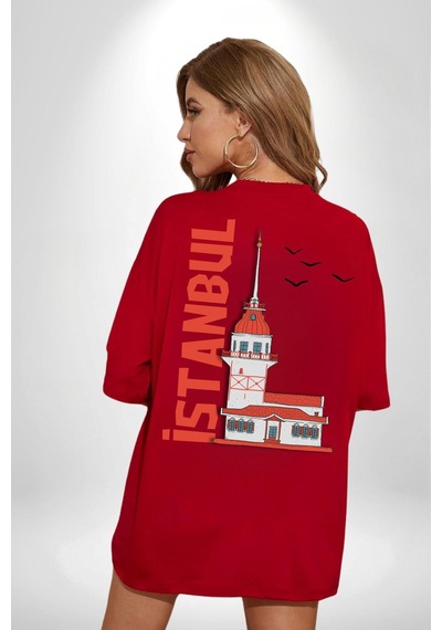 İstanbul Kız Kulesi Türkiye Kırmızı Oversize Unisex Ön Ve Sırt Baskılı Tişört Kırmızı