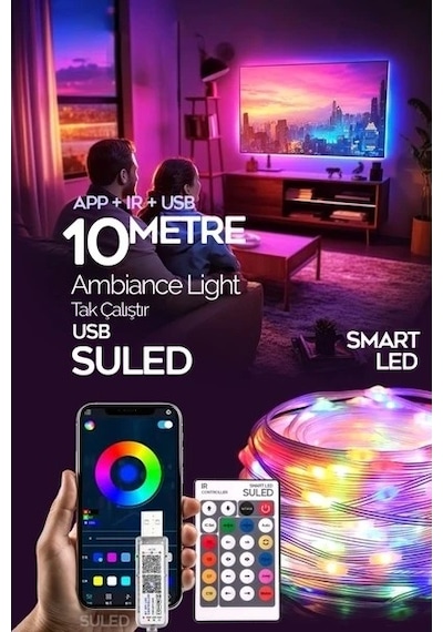Tv Arkası 10 Metre Bluetooth Telefon Kontrollü Smart Şerit Led Sese Duyarlı Kumandalı Led Işık Çok Renkli