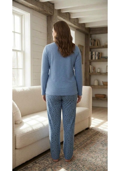 Eyfuze Kadın Büyük Beden Nakışlı Desenli Yakası Düğmeli Kışlık Uzun Kollu Pijama Takımı Koyu Mavi