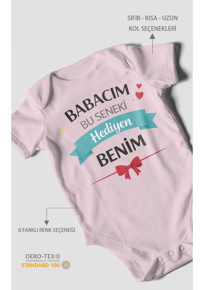 Morivokids Babacım Bu Seneki Hediyen Benim Kısa Kollu Bebek Body %100 Pamuk Bebe Pembe
