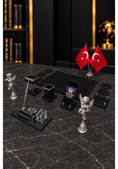 14 Parça Kristal Masa İsimlik Seti Kişiye Özel Melek Figürlü Lüks Ofis Sümen Takımı