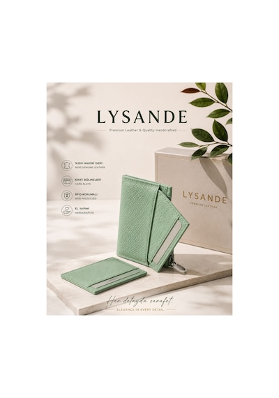 Lysande Hakiki Deri Fermuarlı Anahtarlıklı Kartlık Cüzdan Rfıd Korumalı İnce Tasarım Unisex Mint Yeşili