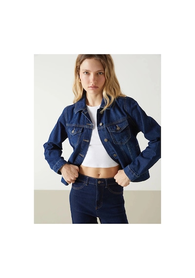 LC Waikiki Lcw Vision İndigo Gömlek Yaka Kadın Jean Ceket Dark Rodeo