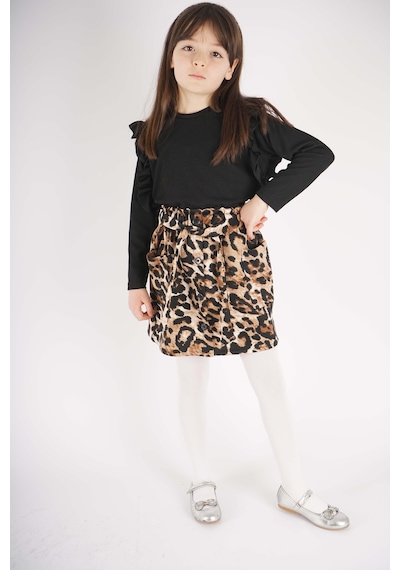 Miniko Kids Kız Çocuk Leopar Cep Model Etekli Kol Detaylı Takım Siyah