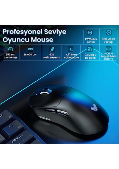 Aula Sc900 Pro Paw3395 Sensör 26000 Dpı 8000hz Kablolu Ve Kablosuz Gaming Oyuncu Mouse Siyah Evrensel Aula Sc900 Pro Paw3395 Sensör 26000 Dpı 8000hz Kablolu Ve Kablosuz Gaming Oyuncu Mouse Siyah Evrensel