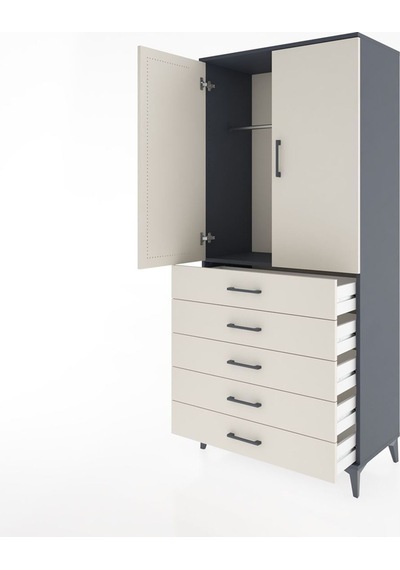 Hyperion Dolap Tek Raflı 5 Çekmeceli Tek Askılı 88x44x195 Antrasit-aytaşı Antrasit