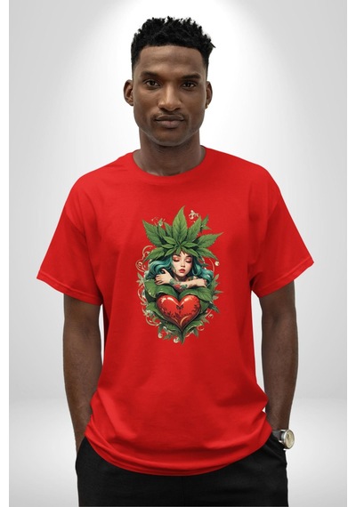 Kalp Parmak Kız Yeşillik Mutluluk Pamuklu Bisiklet Yaka Unisex Oversize Boyfriend Dijital Baskılı Kırmızı T-shirt Kırmızı