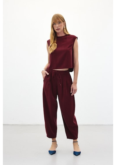 Sateen Şalvar Kesim Pantolon - Bordo-136447 Bordo