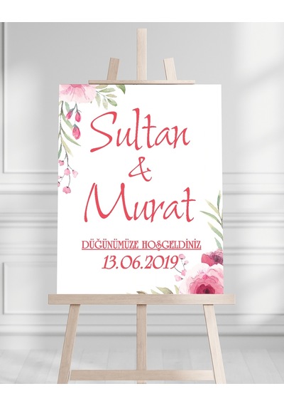 Söz Nişan Düğün İçin 50x70 Karşılama Panosu - Pembe Ren Çiçek Temalı Beyaz
