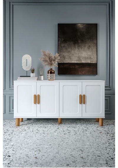 Flora Bohem Konsol 4 Kapaklı Mdf Mebran Kapak 160 Cm Modern Salon Konsolu Beyaz