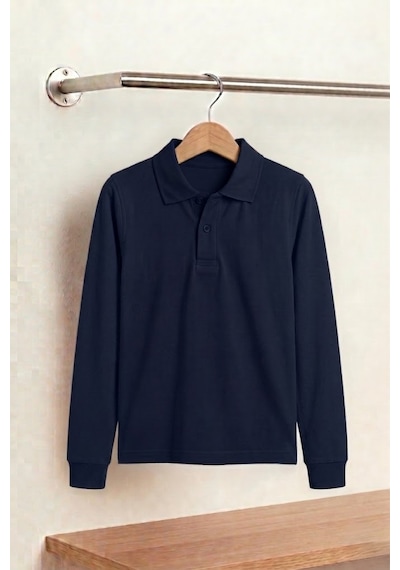 Nacar Store Unisex Çocuk Uzun Kollu Polo Yaka Lakost Okul Tişörtü Lacivert