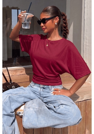 Genius Store Kadın Bele Oturan Geniş Kollu Bluz Yarasa Kol Siyah Bluz Yarasa-bluz Bordo