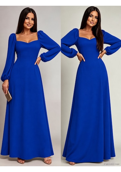 Bhrwear Kadın Uzun Kollu Kalp Yakalı Yırtmaçlı Uzun Ithal Krep Elbise Renkli