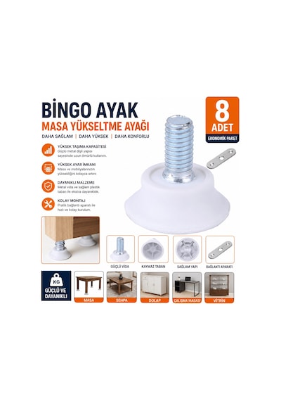 Bingo Ayak Masa Yükseltme Ayağı 8 Adet Ayarlanabilir Mobilya Yükseltici Ayak Vidalı Plastik Ayak Beyaz