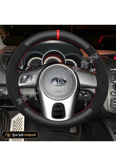Kia Soul Dikme Direksiyon Kılıfı Alcantara Süet Mat Karbon Kırmızı Yüzük Ve Dikiş Am Solu Tuşlu 2011-2014