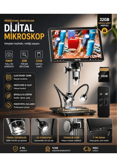 10.1 İnç Dm12 Hdmı Dijital Mikroskop 2000x Zoom 8 Led 20mp Tv