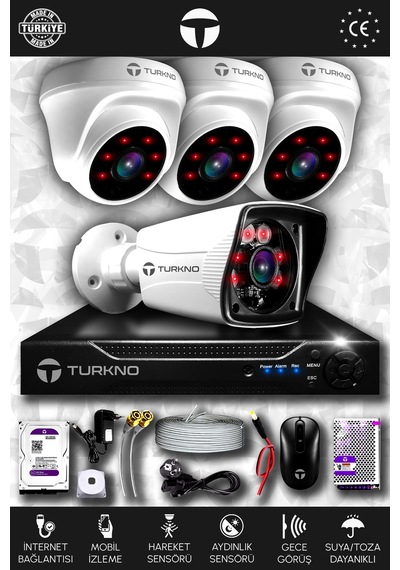 Turkno 4 Kameralı Karia 3 İç Kamera Set 1 TB HDD Full HD Gece Görüşlü Güvenlik Kamerası Sistemi