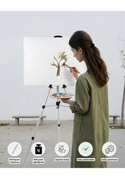 Katlanabilir Alüminyum Tripod Şövale - Kollu Yükseklik Ayarlı, Su Terazili, Pusulalı, Gümüş