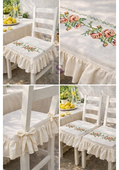 Romantik Ege Turuncu Gül Kanaviçe Nakışlı Fırfırlı Sandalye Minderi Çok Renkli