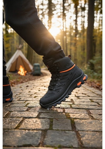 Enoch Erkek Su Geçirmez Kürklü Waterproof Outdoor Trekking Ve Dağcı Botu Siyah - Turuncu