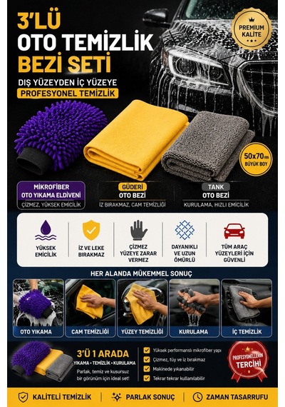 Muggio 3 Lü Profesyonel Oto Temizlik Seti Mikrofiber Eldiven + Güderi Bez + Tank Oto Bezi