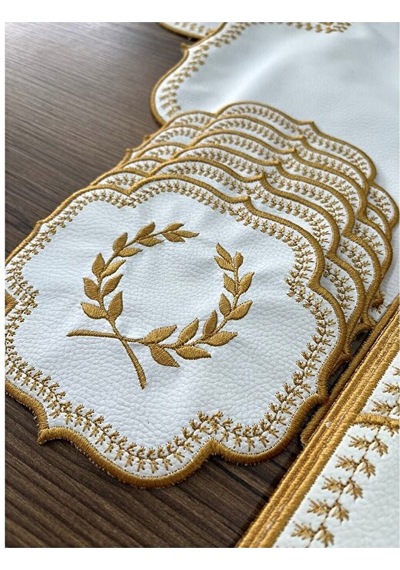 Mucit Home Amerikan Servis Ve Masa Örtüsü 6 Kişilik 19 Parça Runner Seti Nakışlı Yemek Sunum Takımı Beyaz - Gold