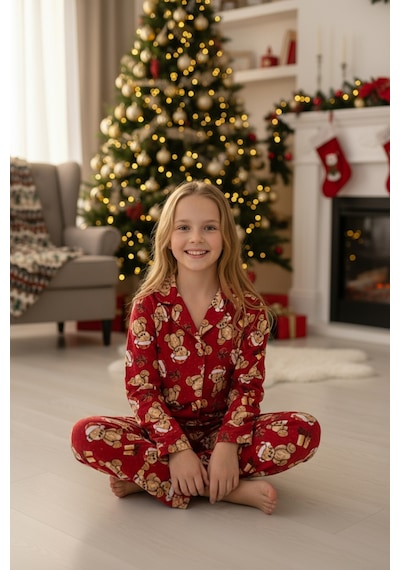 Kız Çocuk Ayıcık Baskılı Pijama Takımı-%100 Pamuk Süet -12482 Kırmızı