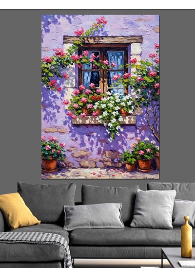 Ahşap Tablo Mor Çiçekli Pencere Ve Duvar