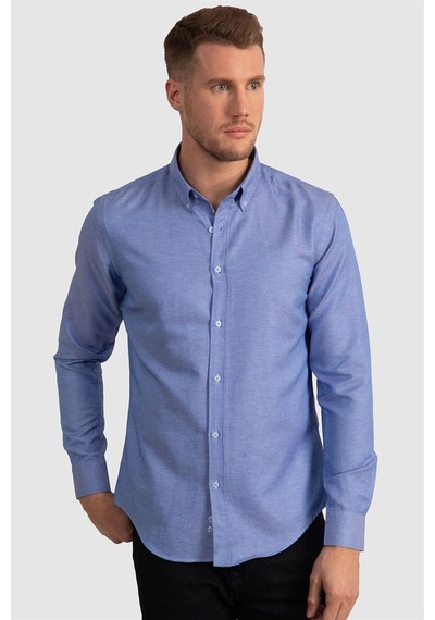 Tudors Slim Fit Dar Kesim Oxford Spor Erkek Gömlek-21478 Mavi