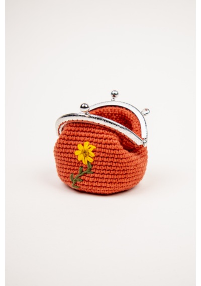 Fabric Craft Bag Bozuk Para Cüzdanı Klipsli Örgü, Çiçek Nakışlı Merserize İplik Kiremit