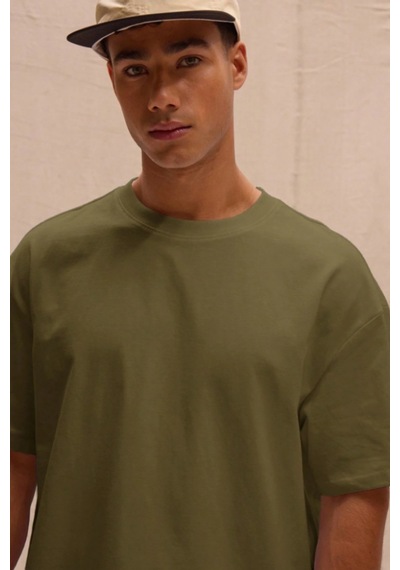 Erkek %100 Organik Pamuklu Kalın Dokulu Comfort Fit Bisiklet Yakalı T-shirt Haki