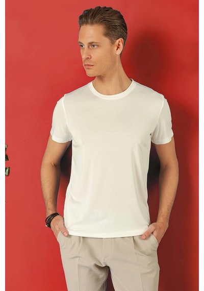 Efor Slim Fit Bisiklet Yaka %100 Pamuk Ekru Tişört Ts 878 Ekru