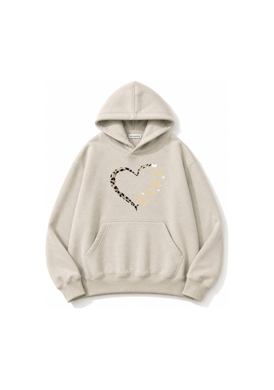 Herkesemoda Leopar Efektli Kalp Baskılı Kapüşonlu 2 İplik Şardonlu Sweatshirt Bej