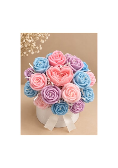 Solmaz Pastel Tonlar Çiçek Şakayık Gül Kutulu Çiçek Mum Aranjmanı Buketi Ofis İş Sevgili Özel Nişan Anneler Günü Hediyelik Doğum Günü Kokulu Mum Sıradışı Farklı Hediyelik Renkli