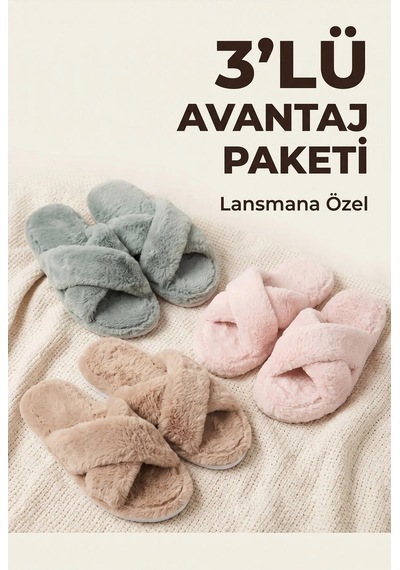 3 Lü Avantajlı Paket Kışlık Peluş Desenli Sessiz Ortopedik Taban Çeyiz Misafir Ev Terliği Seti 3'lü Lori