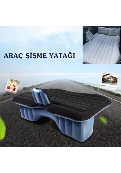 Şişme Araba Arka Koltuk Yatağı Seyahat Minderi + Hava Kompresörü Siyah