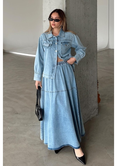 Olcay Çiçek Aplikeli Etek Ceket Denim Takım Mavi 9346-tk