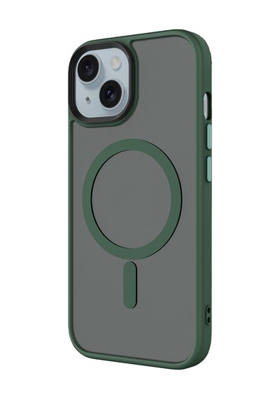 Techaks Apple Uyumlu iPhone 15 Plus Kılıf Mat Arka Yüzey Wireless Şarj Özellikli Tchs Flet M-safe Kapak - Koyu Yeşil Yeşil