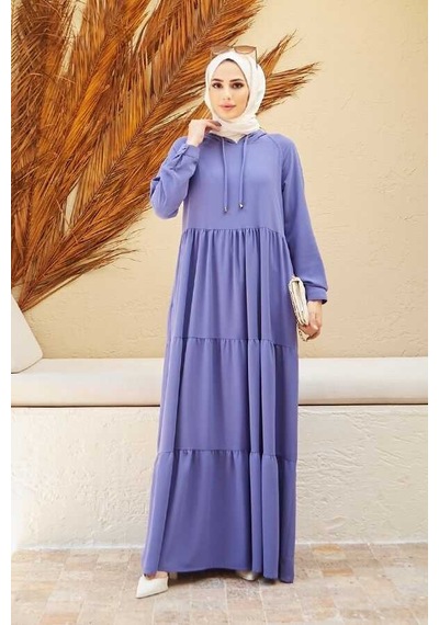 Neways 6531-Krep Kapüşonlu Reglan Kollu Elbise Eflatun