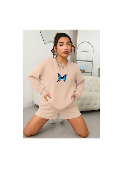 Benroma 3 İplik Penye Kelebek Baskılı Unisex Sweatshırt Pembe