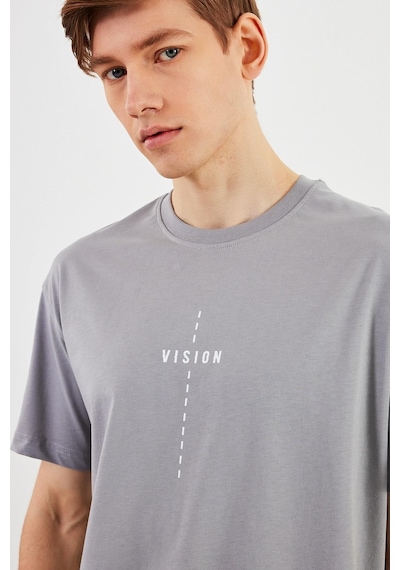 Leo Erkek Oversize Tshirt %100 Pamuk Bisiklet Yaka Baskı Detaylı Basic Tişört Mtlce87 Gri
