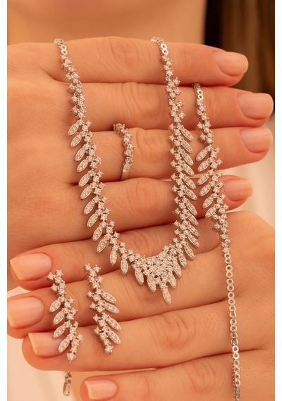 Kadın Gümüş Takı Seti - Nigar Zirkon Taşlı Yaprak Model Kolye, Bileklik, Yüzük, Küpe Tam Set