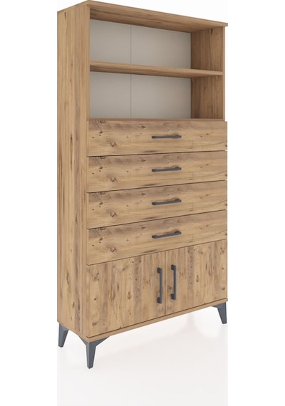 Arges Dolap 2 Raflı 4 Çekmeceli 2 Kapaklı 88x30x163 Çam-çam Çam