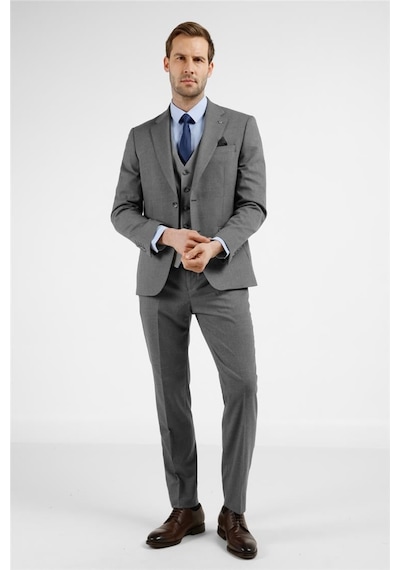 İmza Gri Mono Yaka Kazayağı Desen Yelekli 6 Drop Slim Fit Takım Elbise 1001255175 Gri