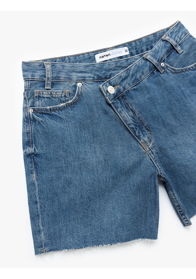 Koton Asimetrik Düğme Detaylı Cepli Mini Denim Şort Orta İndigo 5sal40295md Indigo