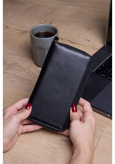 Lysande Hakiki Deri Unisex Telefon Bölmeli Cüzdan 15 Kartlıklı Cüzdan Kartlık siyah