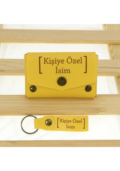 Miaju Sarı Renk İsme Özel Yüksek Kalite Bozuk Para Cüzdanı Ve Anahtarlık Seti, Kişisel Aksesuar Sarı