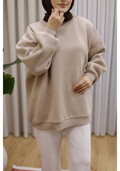 Moonsc Oversize Sweat 3 İplik Şardonlu Bej