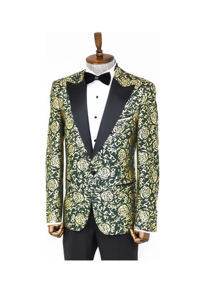 Wessi Gold Gül Desenli Slim Fit Yeşil Erkek Smokin Ceket Yeşil